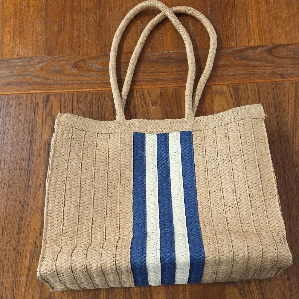 Stylish Tan and Blue Woven Tote Bag